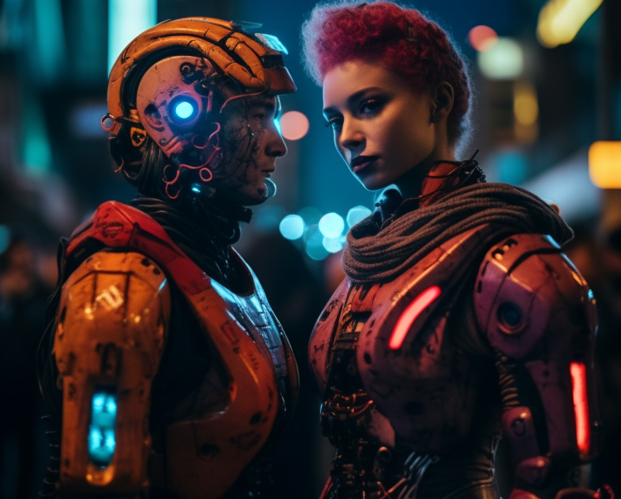 hyperrealistic photo of a coubple robot, female and male, smiling, futuristic city, skyscrapers cinematic, bright and stunning colors, dramatic lighting, dynamic composition and balanced contrast to evoke a sense of awe, Nikon D850, 24-70mm f/2.8 lens, ISO 100, f/5.6, 1/125s --s 1000 --ar 2:3 --v 5